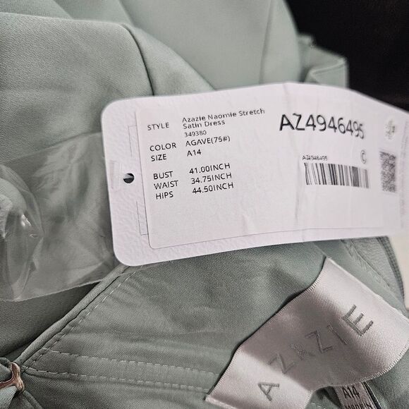 NWT Azazie Naomie Agave A-Line Cowl Neckline Side Slit Stretch Satin Dress, A14 - Picture 11 of 12